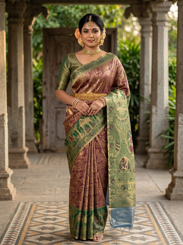 MIMOSA Chocolate Kanjivaram Art Silk Saree — AI Model lifestyle pose 1