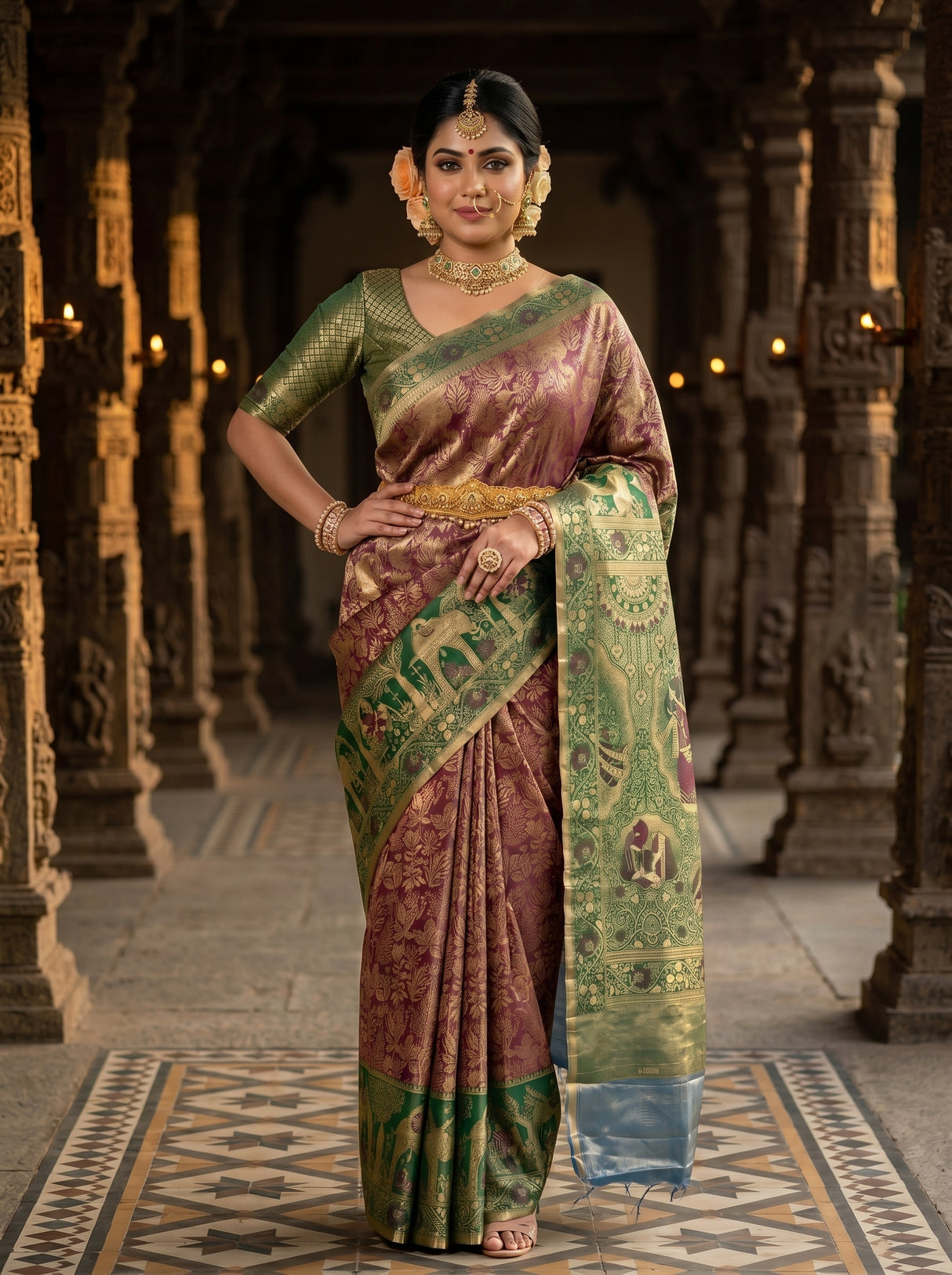 MIMOSA Chocolate Kanjivaram Art Silk Saree — pose 4 styling detail