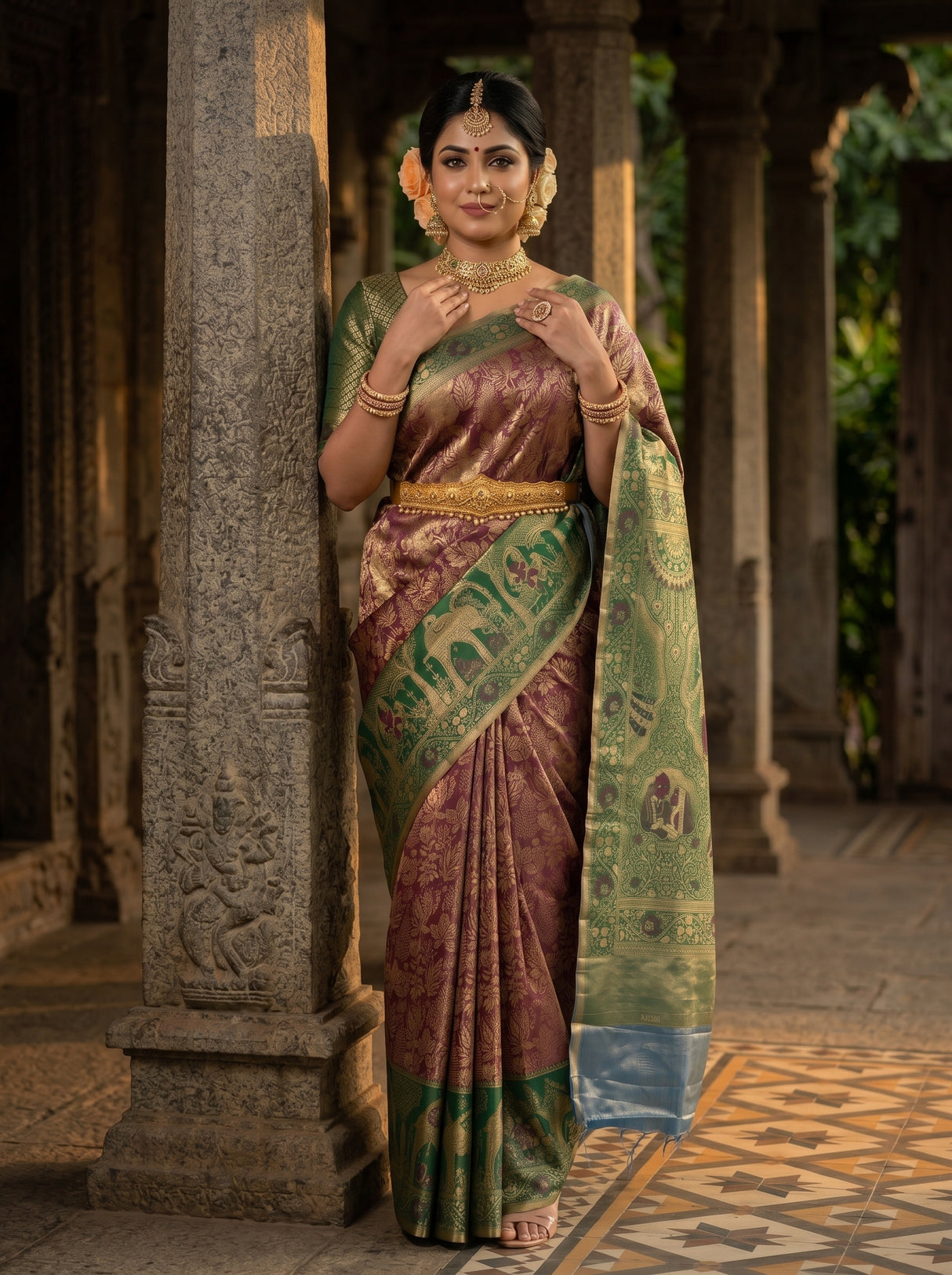 MIMOSA Chocolate Kanjivaram Art Silk Saree — pose 5 styling detail