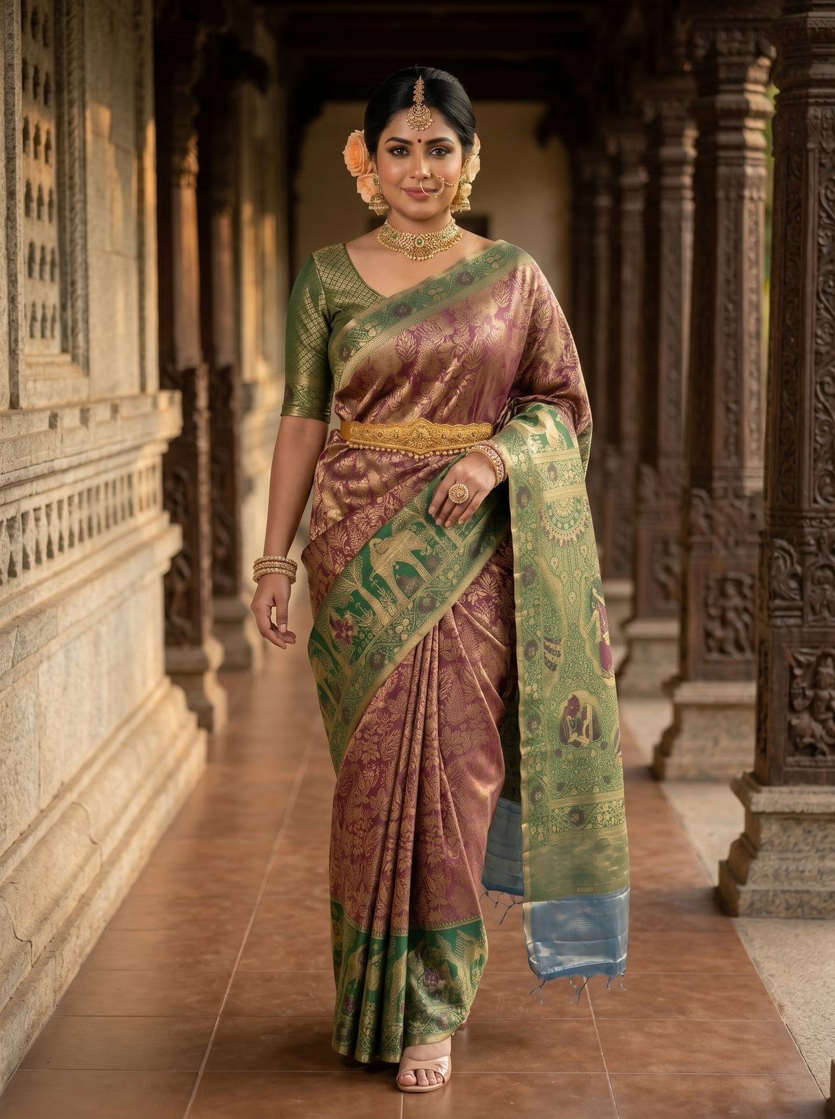 MIMOSA Chocolate Kanjivaram Art Silk Saree — pose 6 styling detail