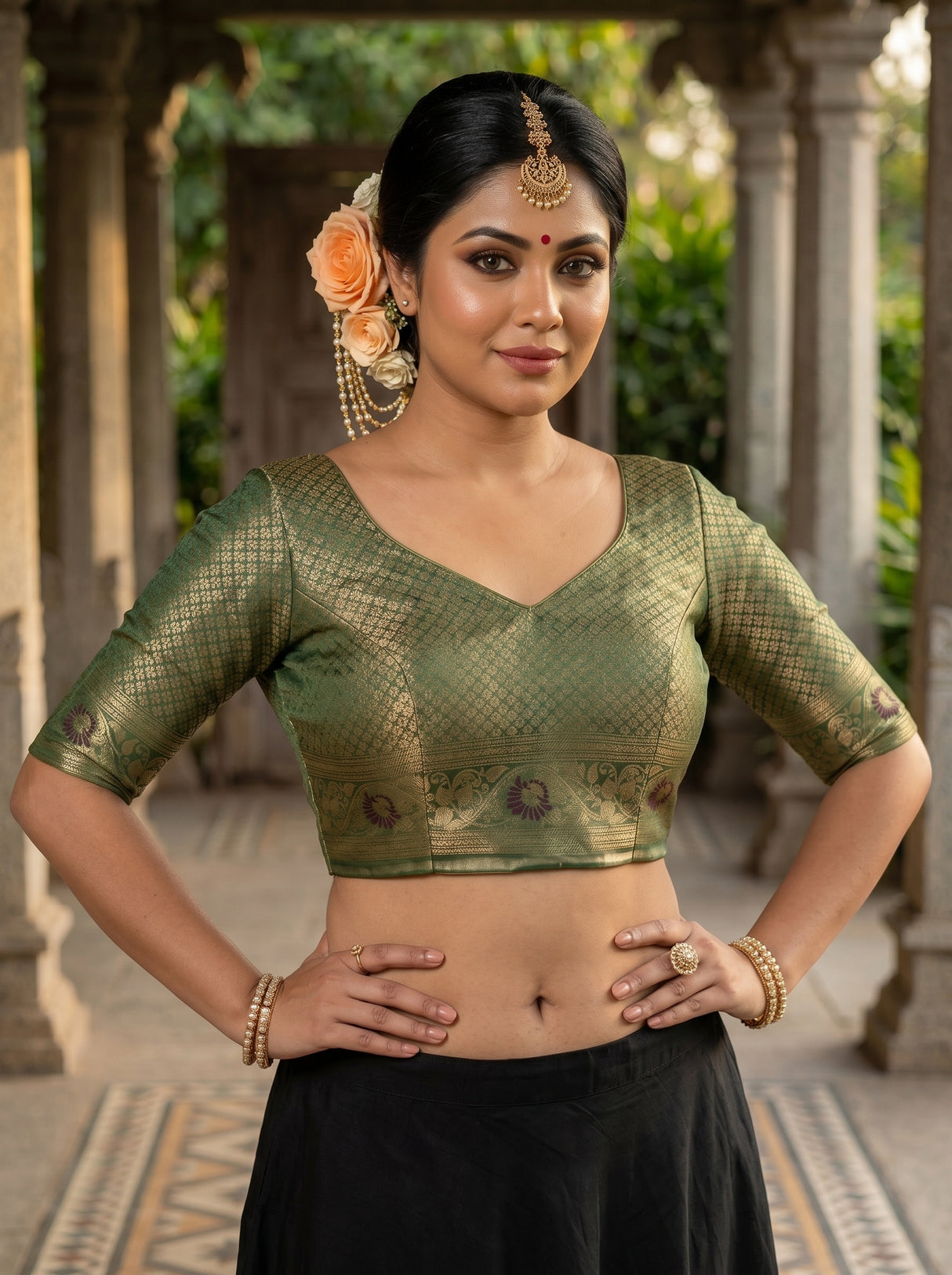 MIMOSA Chocolate Kanjivaram Art Silk Saree — blouse close-up