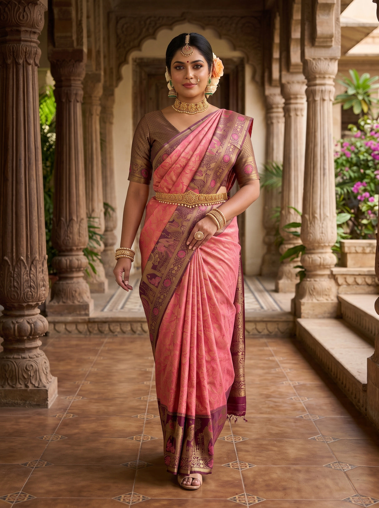 MIMOSA Gajari Kanjivaram Art Silk Saree — AI Model lifestyle pose 1
