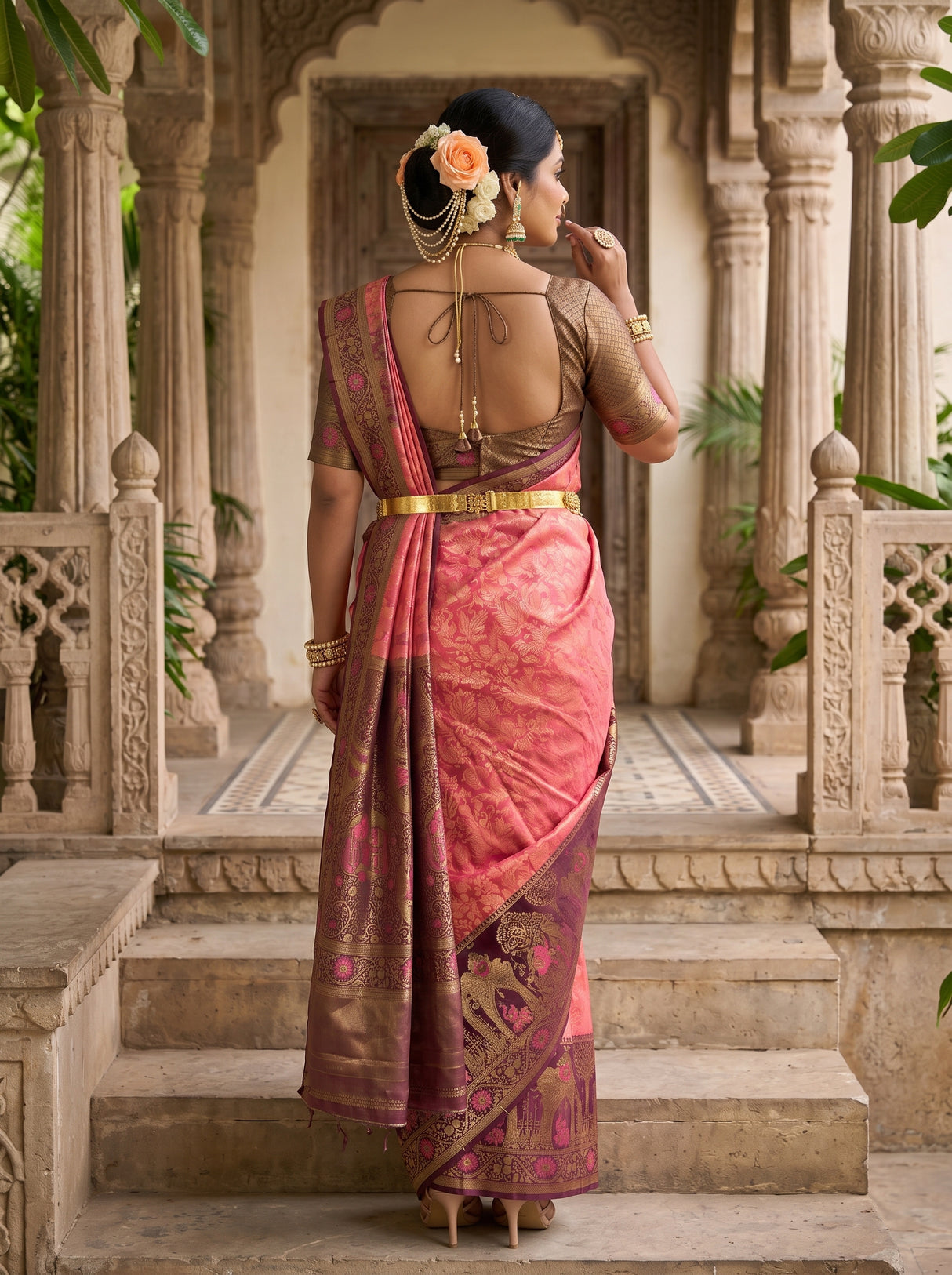 MIMOSA Gajari Kanjivaram Art Silk Saree — pose 2 styling detail