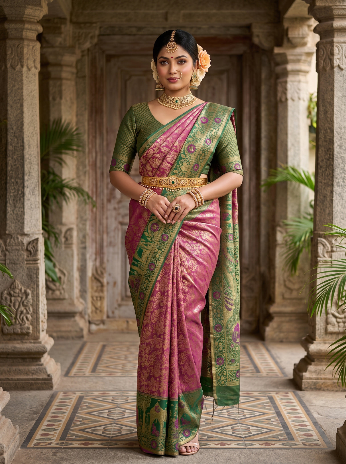 MIMOSA Magenta Kanjivaram Art Silk Saree — AI Model lifestyle pose 1