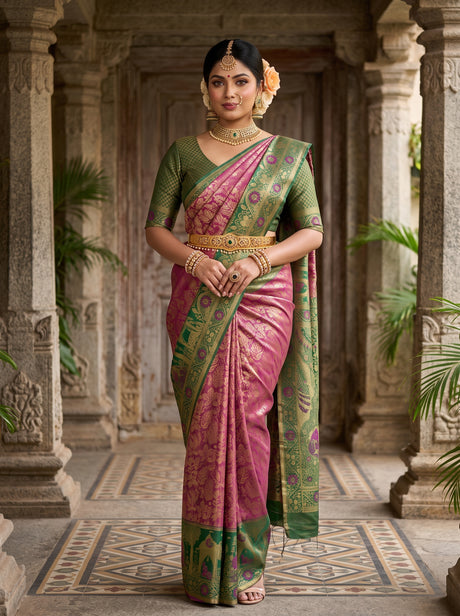 MIMOSA Magenta Kanjivaram Art Silk Saree — AI Model lifestyle pose 1