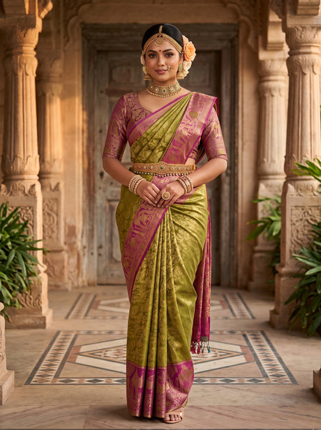 MIMOSA Olive Kanjivaram Art Silk Saree — AI Model lifestyle pose 1