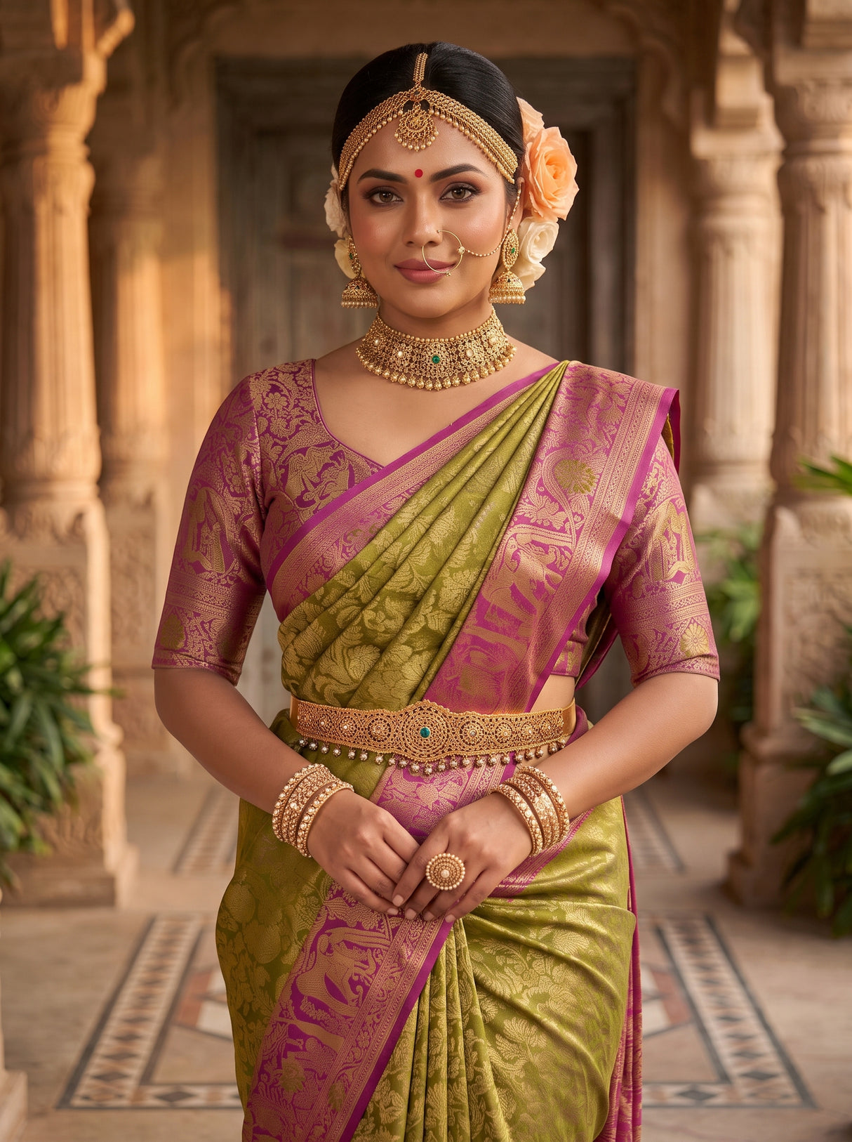 MIMOSA Olive Kanjivaram Art Silk Saree — pose 10 styling detail
