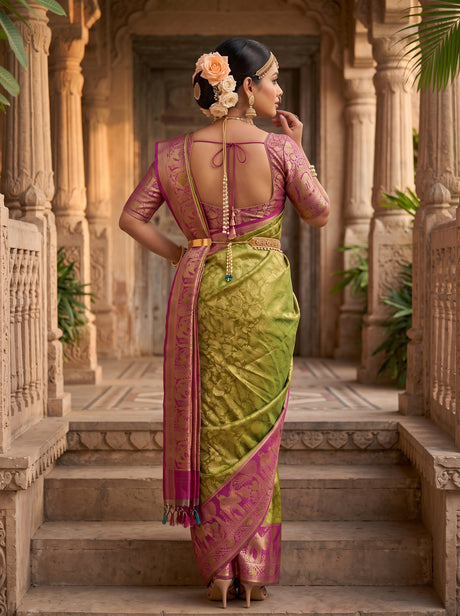 MIMOSA Olive Kanjivaram Art Silk Saree — pose 2 styling detail