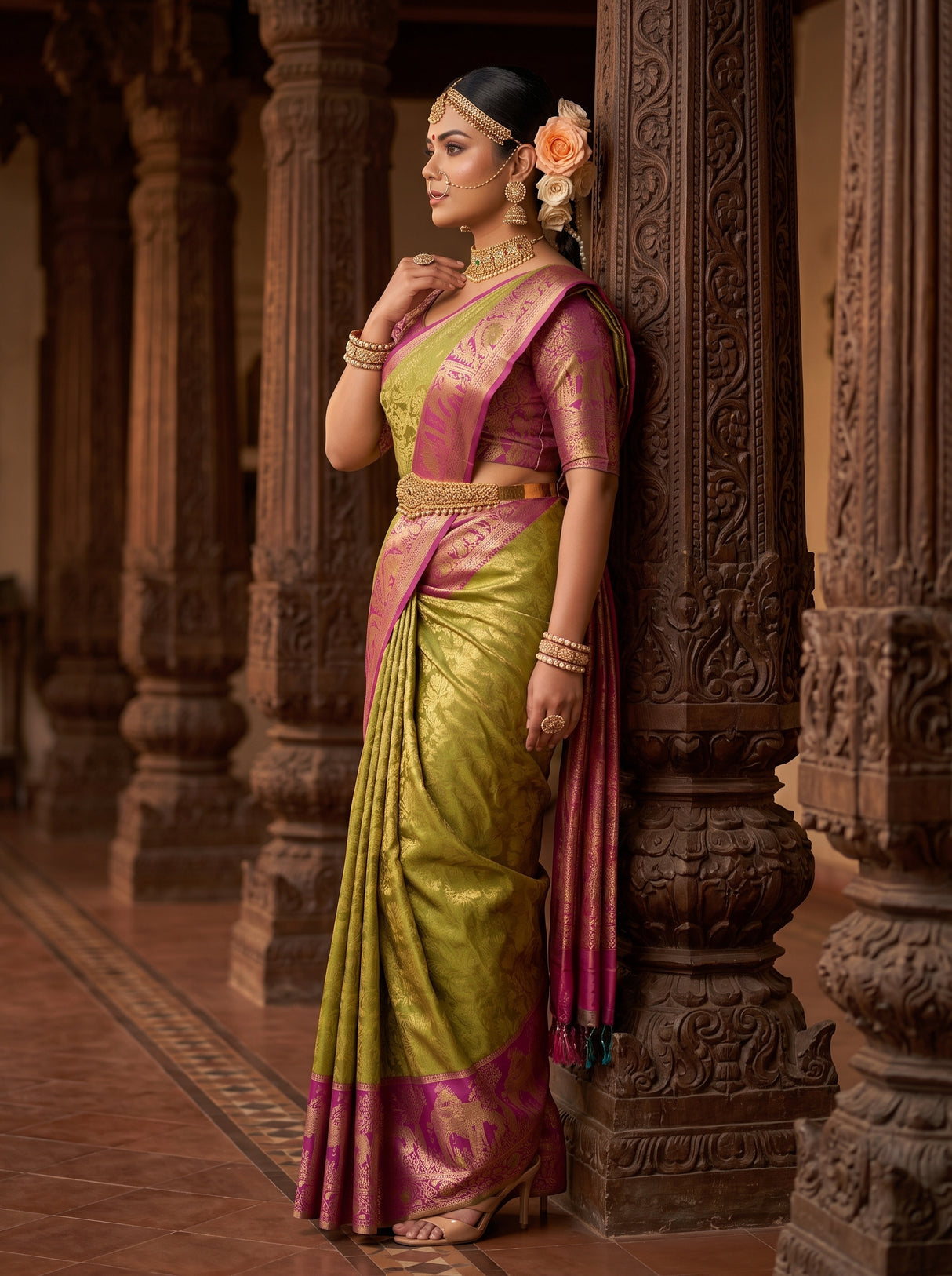MIMOSA Olive Kanjivaram Art Silk Saree — pose 3 styling detail