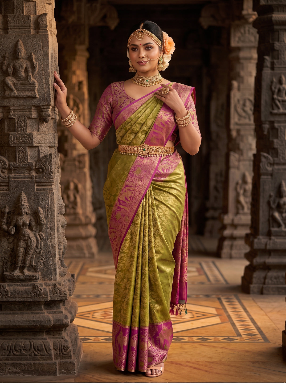 MIMOSA Olive Kanjivaram Art Silk Saree — pose 5 styling detail
