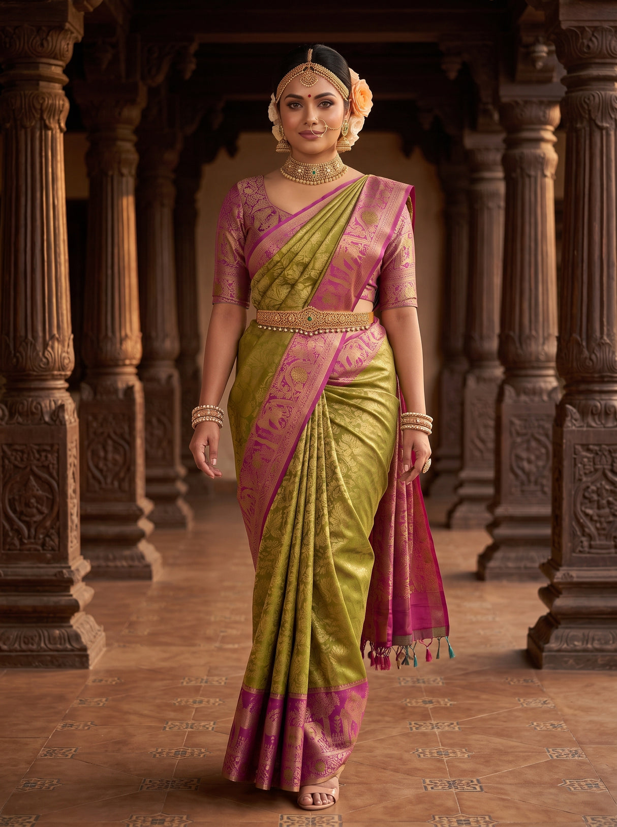 MIMOSA Olive Kanjivaram Art Silk Saree — pose 6 styling detail