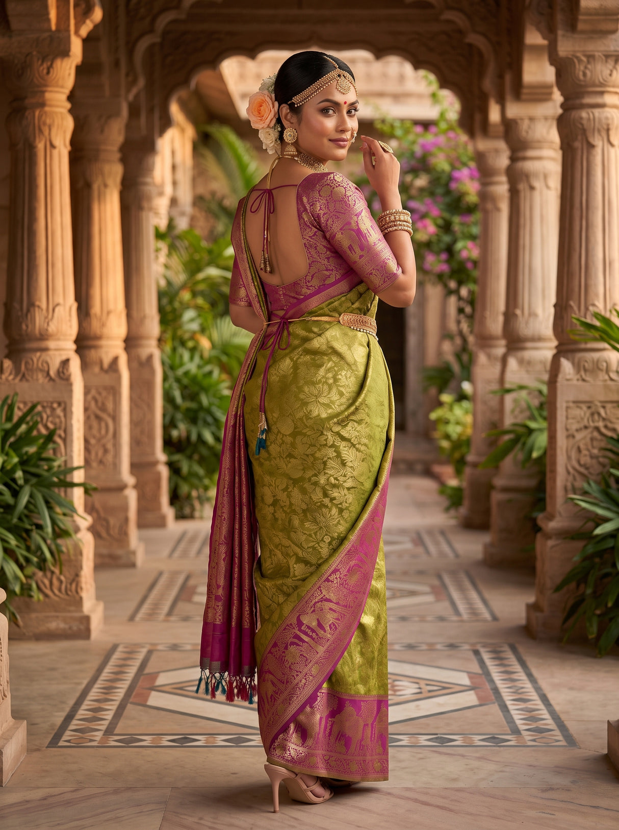 MIMOSA Olive Kanjivaram Art Silk Saree — pose 7 styling detail
