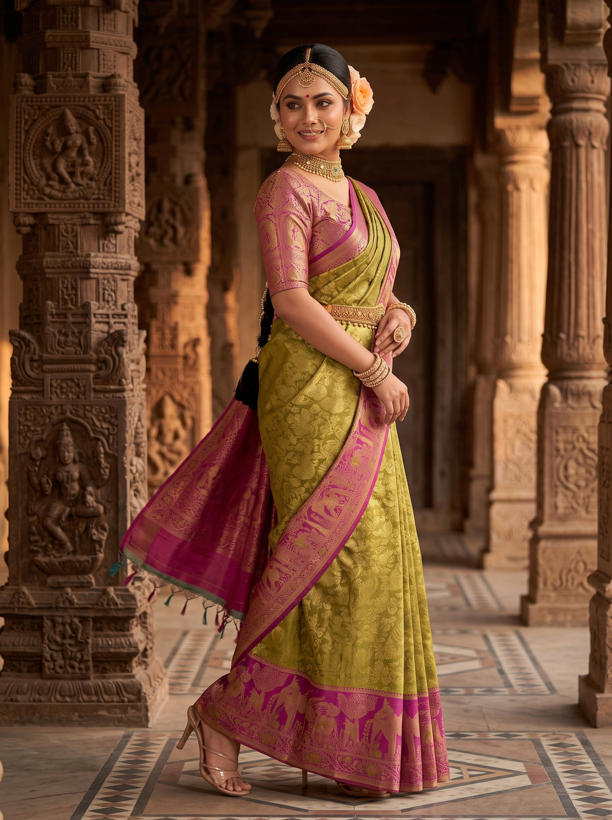 MIMOSA Olive Kanjivaram Art Silk Saree — pose 9 styling detail