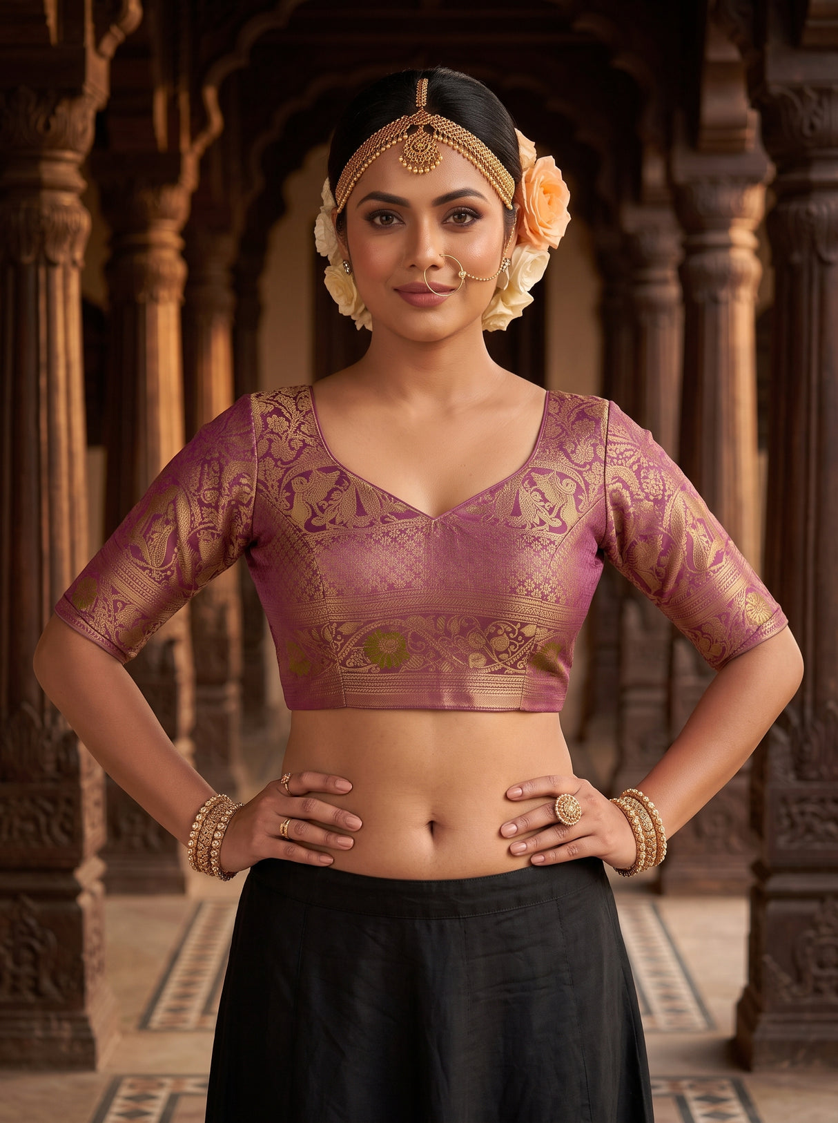 MIMOSA Olive Kanjivaram Art Silk Saree — blouse close-up