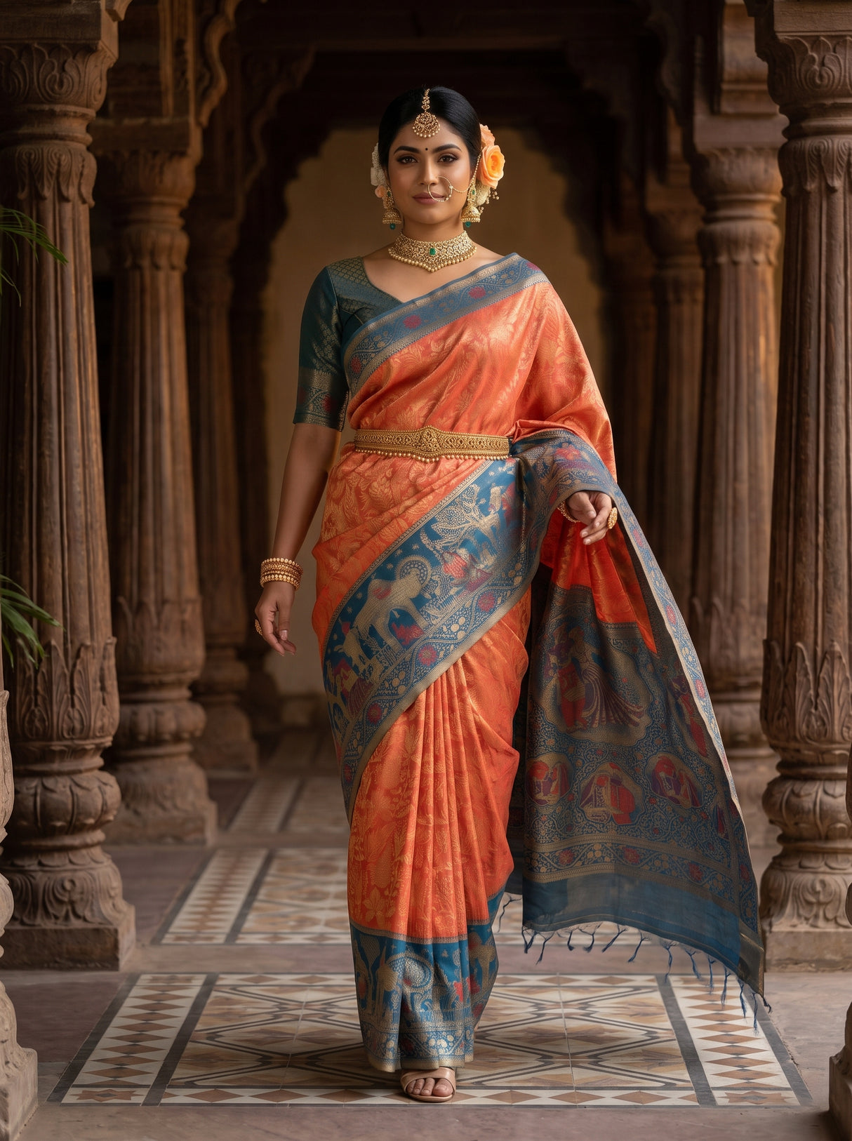 MIMOSA Peach Kanjivaram Art Silk Saree — pose 6 styling detail