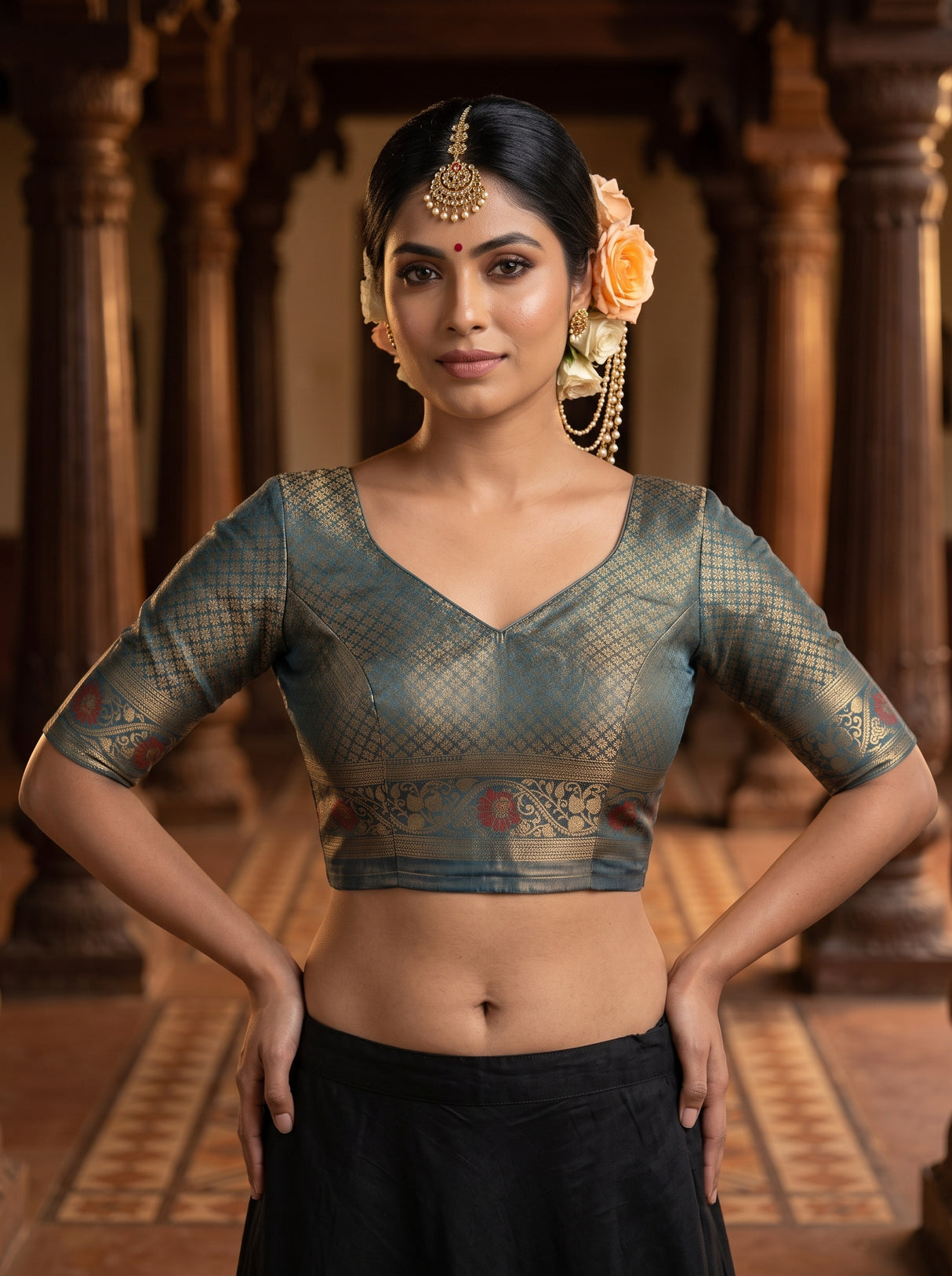 MIMOSA Peach Kanjivaram Art Silk Saree — blouse close-up