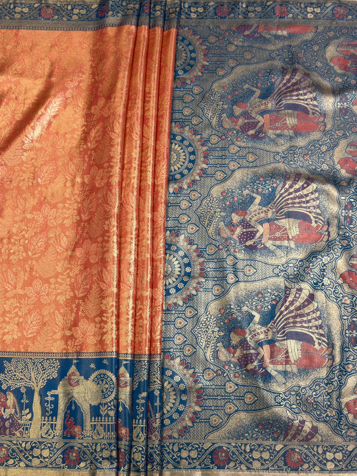 MIMOSA Peach Kanjivaram Art Silk Saree — pallu and zari work detail