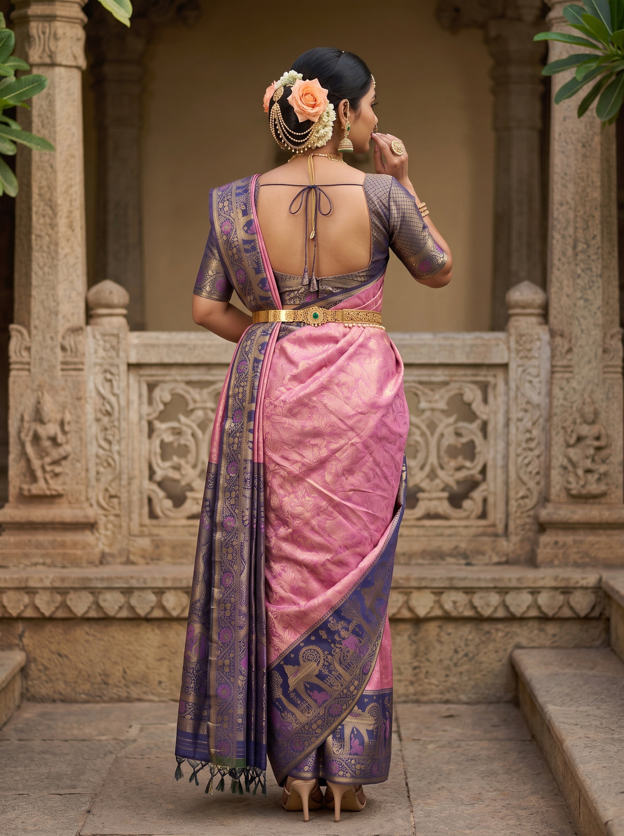 MIMOSA Pink Kanjivaram Art Silk Saree — pose 2 styling detail