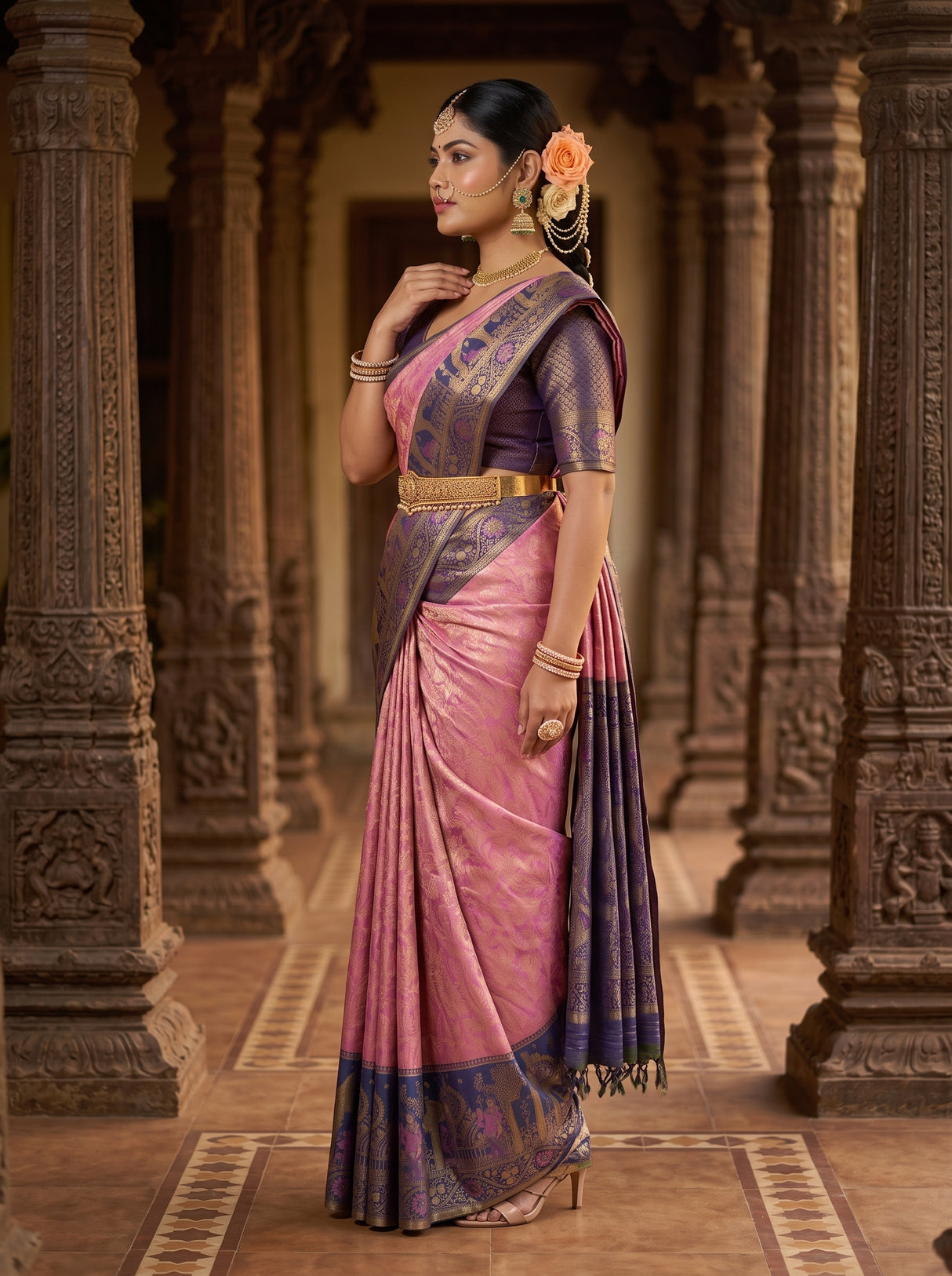MIMOSA Pink Kanjivaram Art Silk Saree — pose 3 styling detail