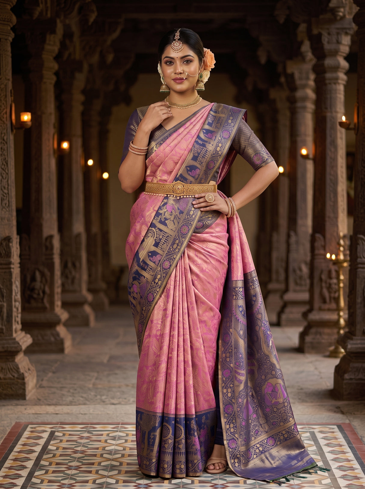 MIMOSA Pink Kanjivaram Art Silk Saree — pose 4 styling detail