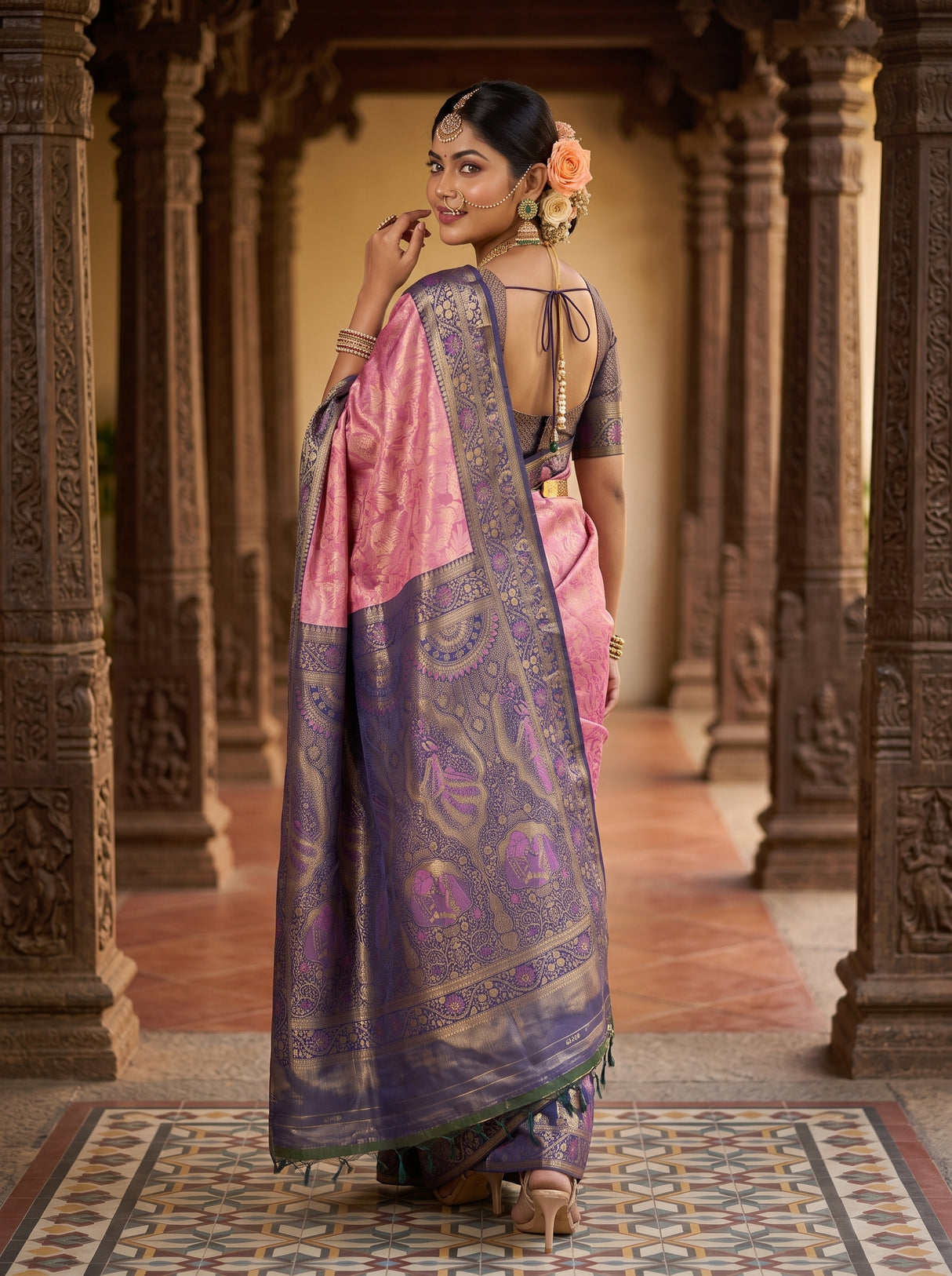 MIMOSA Pink Kanjivaram Art Silk Saree — pose 7 styling detail