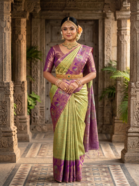 MIMOSA Pista Kanjivaram Art Silk Saree — AI Model lifestyle pose 1