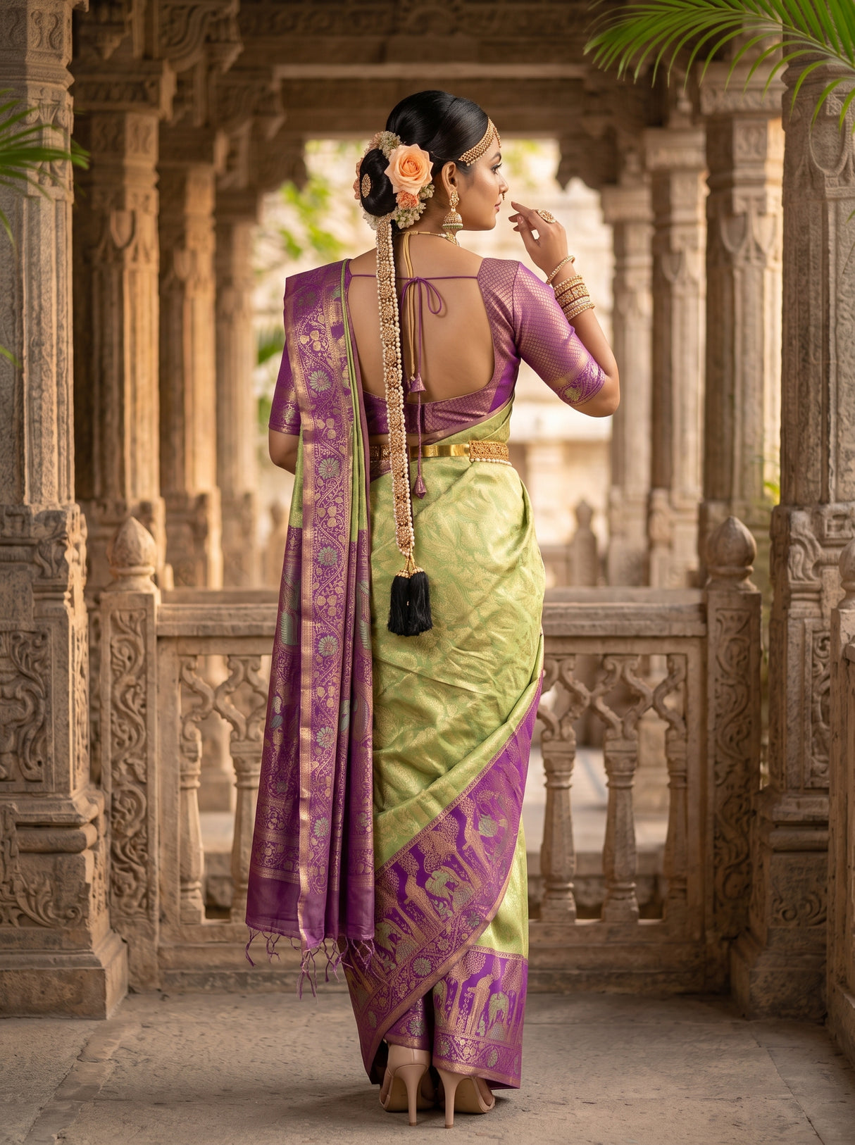 MIMOSA Pista Kanjivaram Art Silk Saree — pose 2 styling detail
