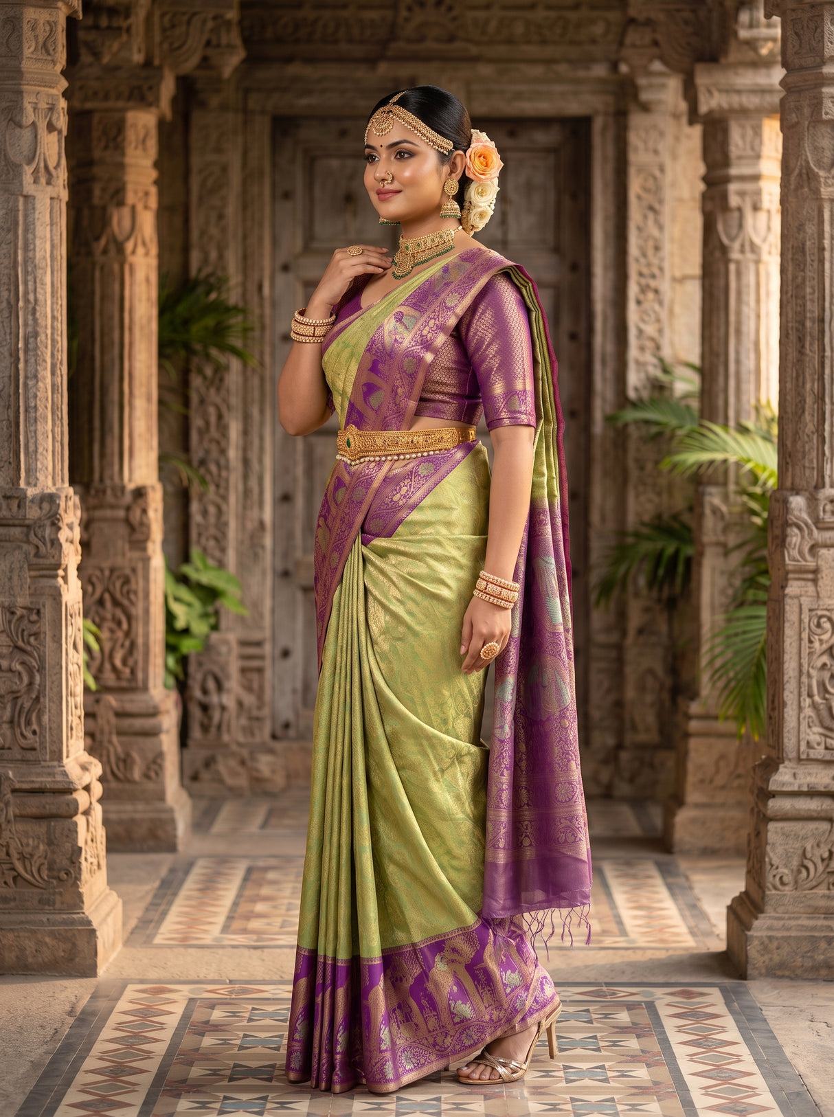 MIMOSA Pista Kanjivaram Art Silk Saree — pose 3 styling detail