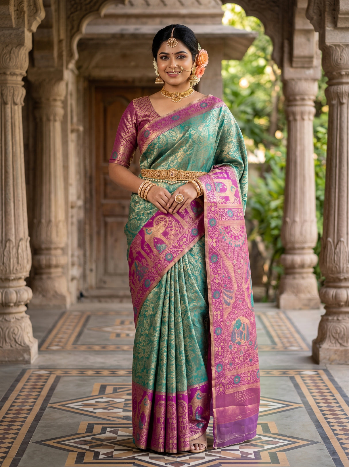 MIMOSA Rama Kanjivaram Art Silk Saree — AI Model lifestyle pose 1