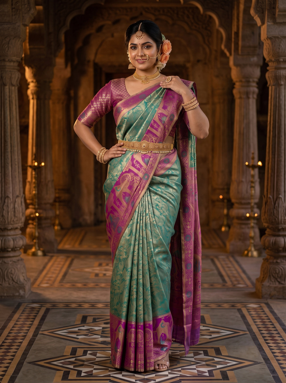 MIMOSA Rama Kanjivaram Art Silk Saree — pose 4 styling detail