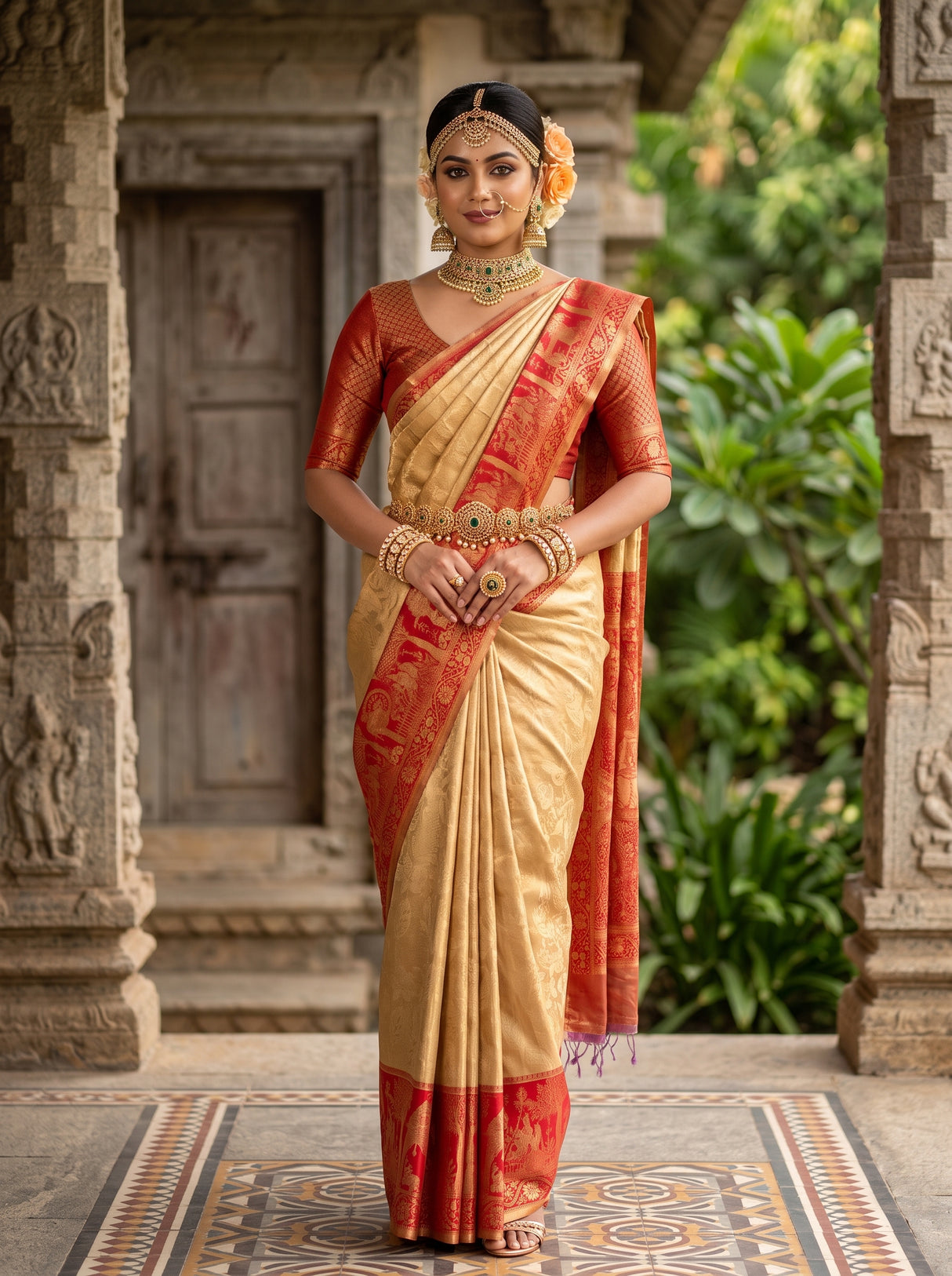 MIMOSA Tussar Kanjivaram Art Silk Saree — AI Model lifestyle pose 1