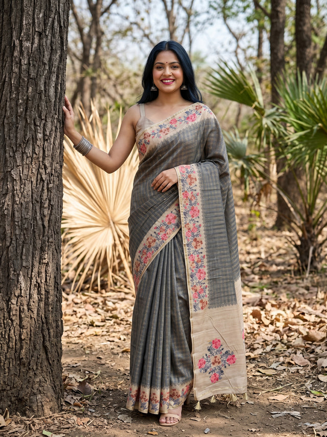 MIMOSA Grey Banarasi Art Silk Saree — Model lifestyle pose