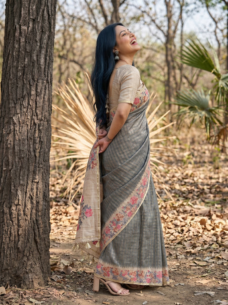 MIMOSA Grey Banarasi Art Silk Saree — pose 3 styling detail