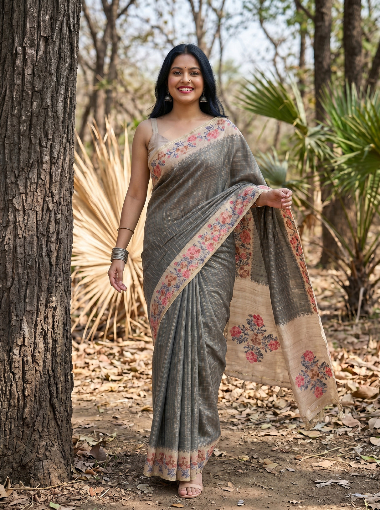 MIMOSA Grey Banarasi Art Silk Saree — pose 6 styling detail