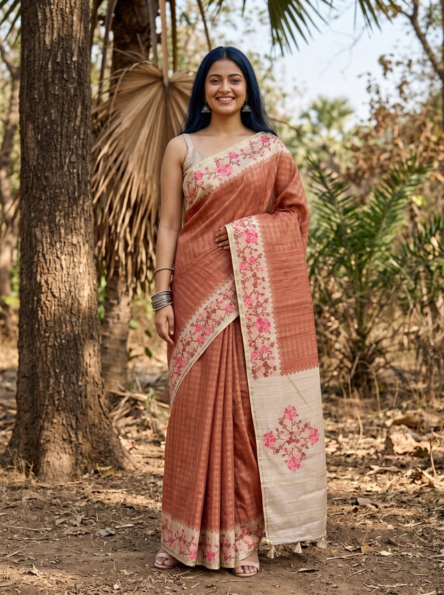 MIMOSA Maroon Banarasi Art Silk Saree — Model lifestyle pose