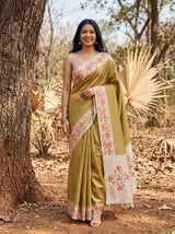 MIMOSA Olive Banarasi Art Silk Saree — Model lifestyle pose
