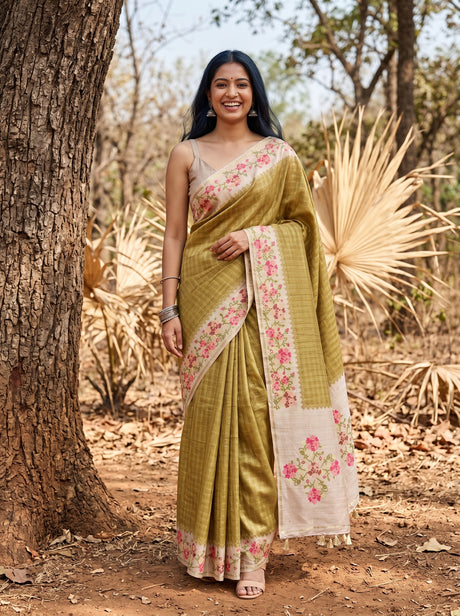 MIMOSA Olive Banarasi Art Silk Saree — Model lifestyle pose