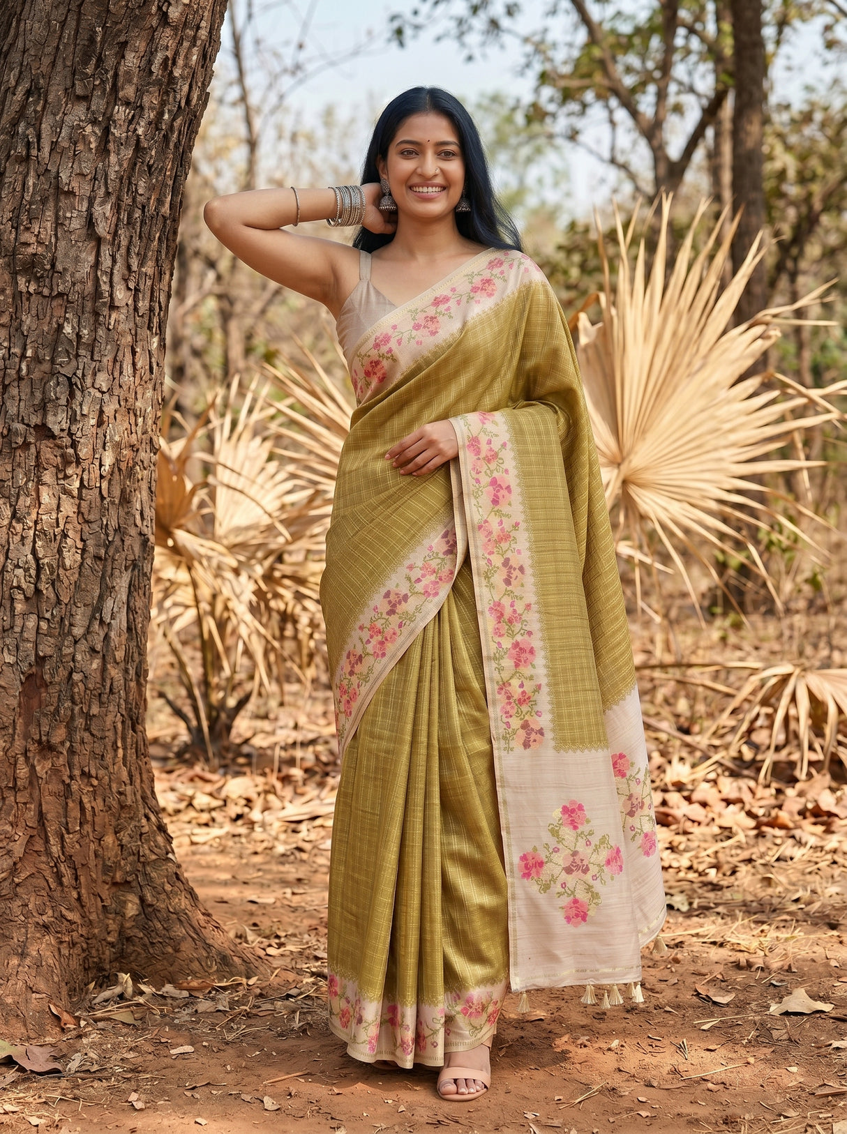 MIMOSA Olive Banarasi Art Silk Saree — pose 4 styling detail