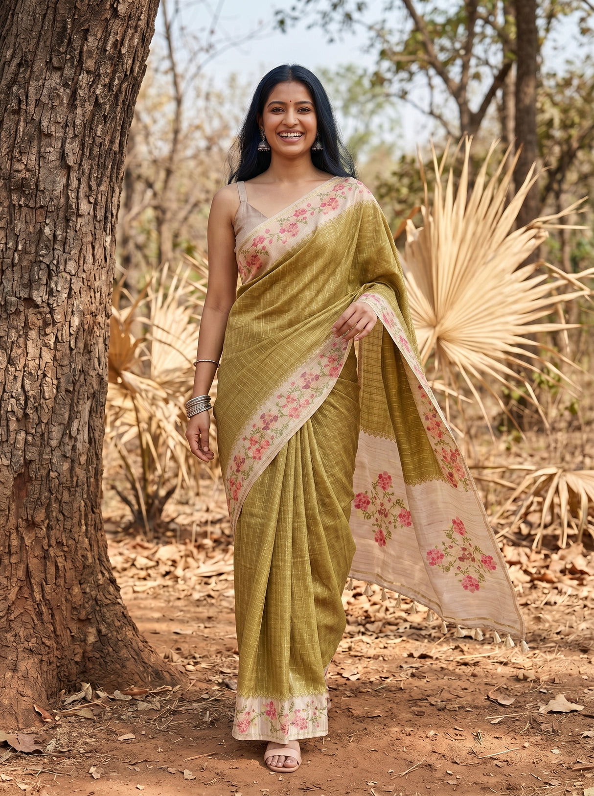 MIMOSA Olive Banarasi Art Silk Saree — pose 6 styling detail