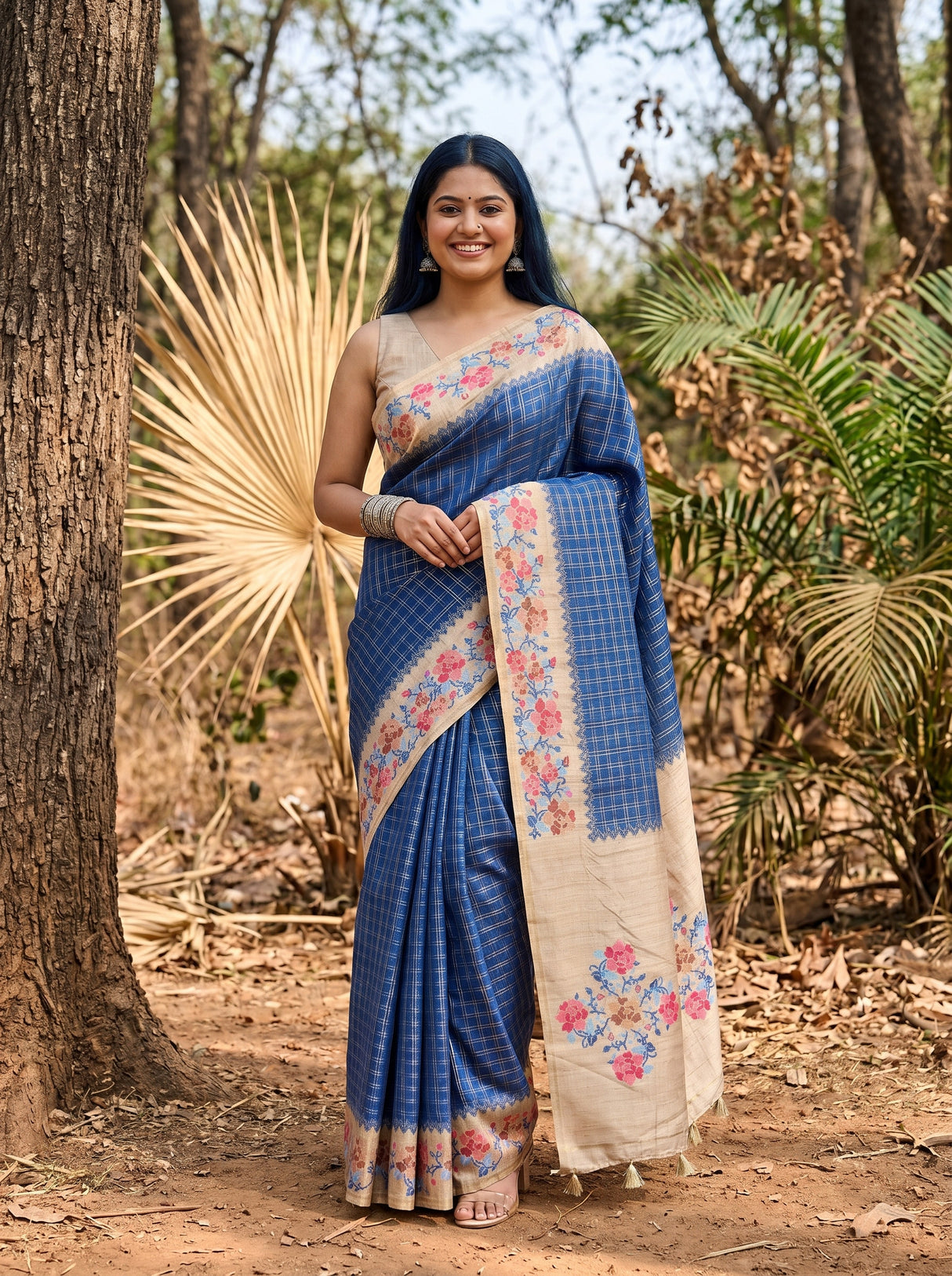 MIMOSA Royal Blue Banarasi Art Silk Saree — Model lifestyle pose