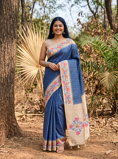 MIMOSA Royal Blue Banarasi Art Silk Saree — Model lifestyle pose