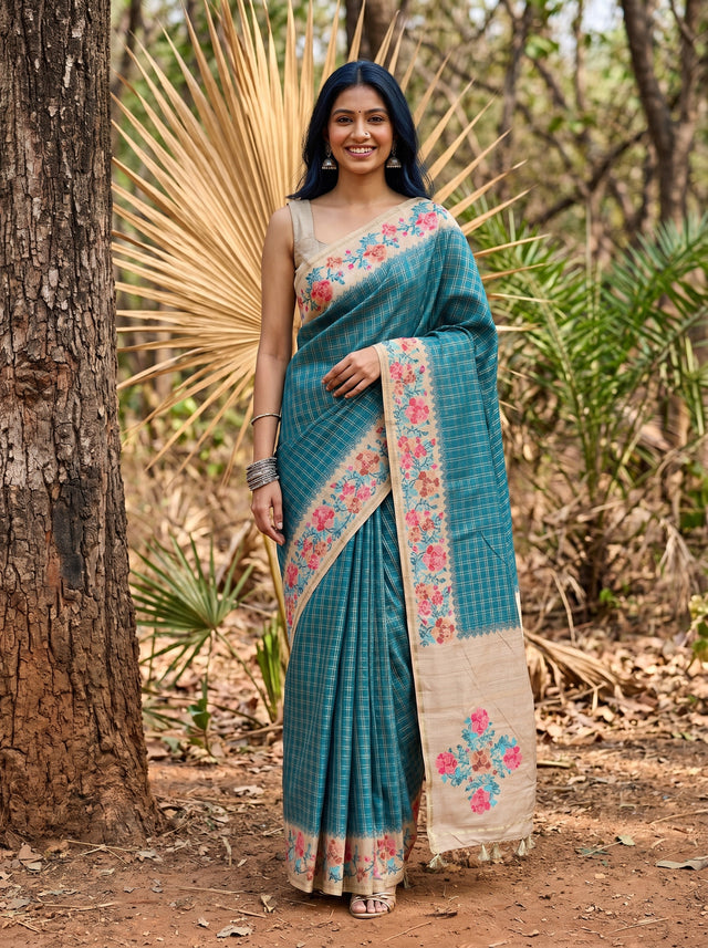 MIMOSA Sapphire Banarasi Art Silk Saree — Model lifestyle pose