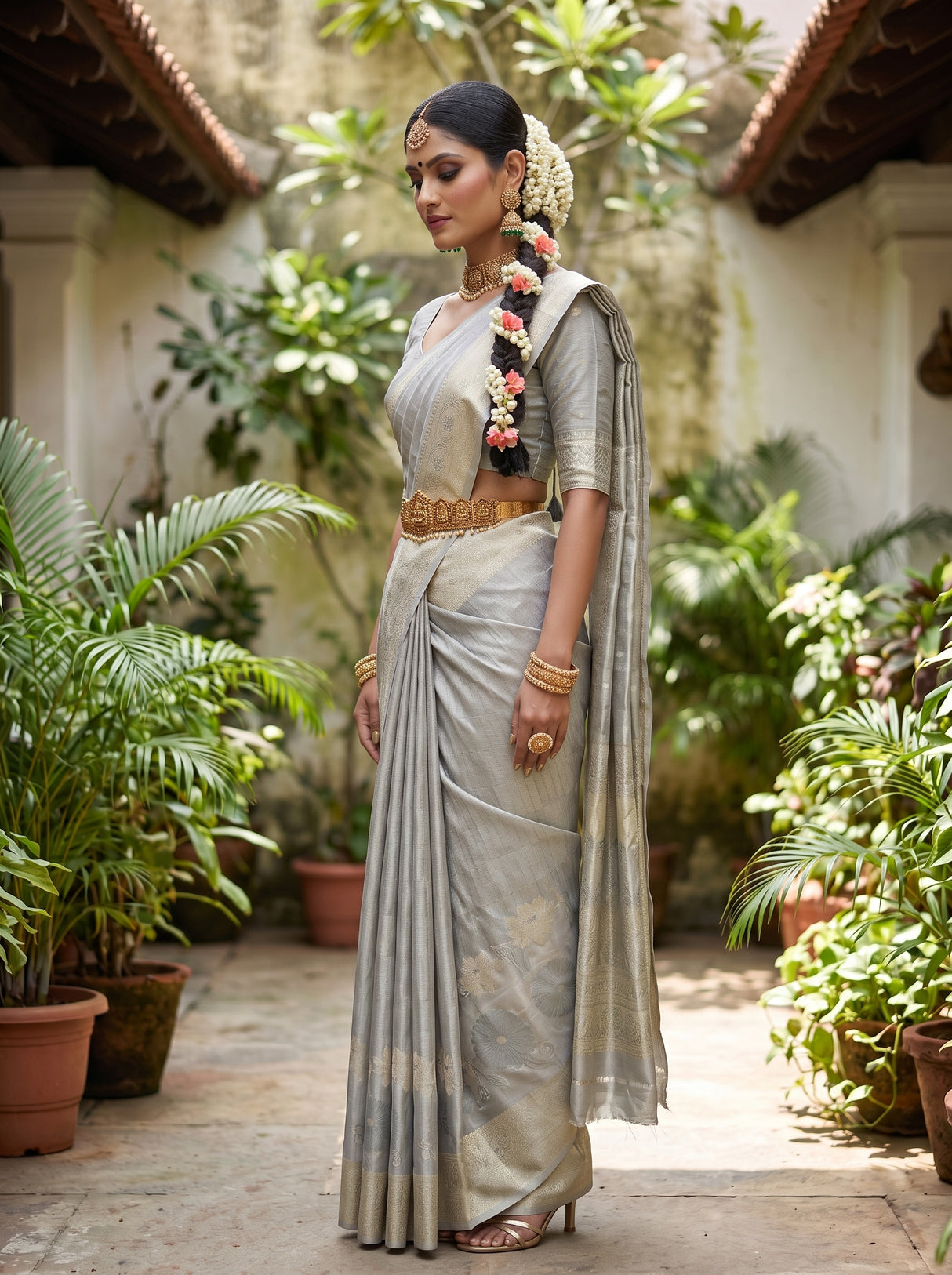 MIMOSA Grey Kanjivaram Art Silk Saree — pose 3 styling detail
