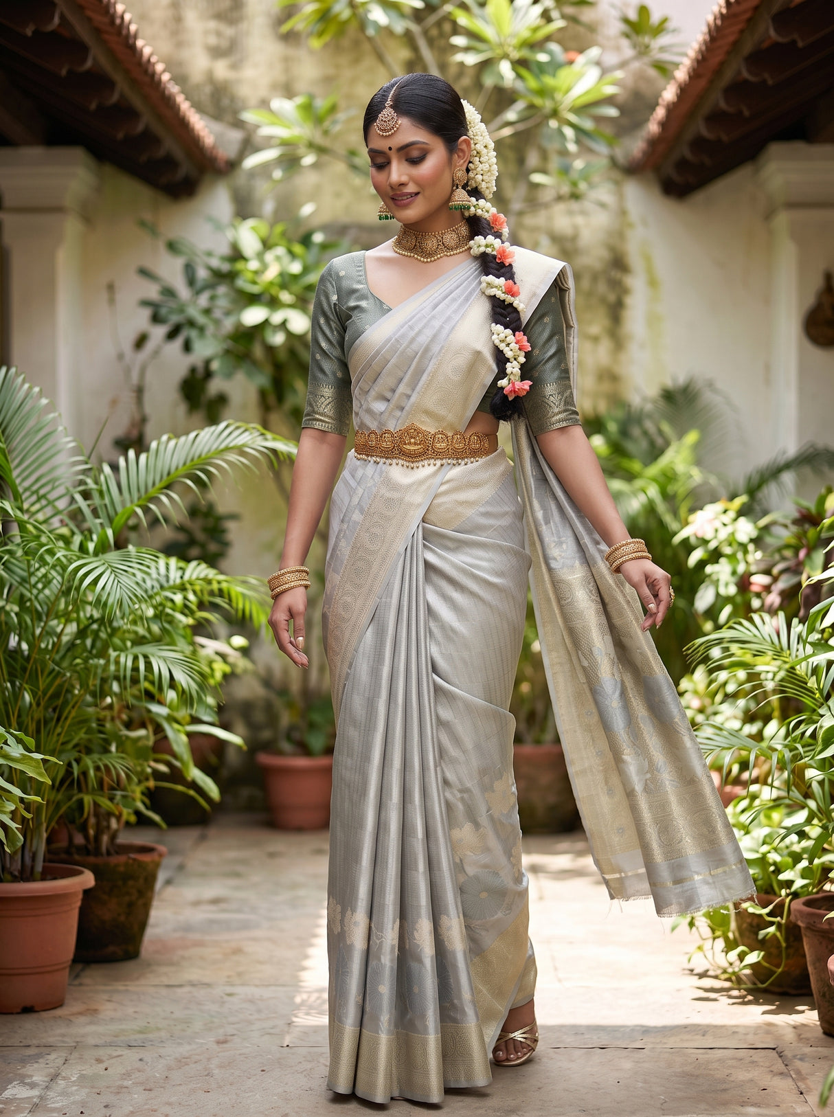 MIMOSA Grey Kanjivaram Art Silk Saree — pose 9 styling detail