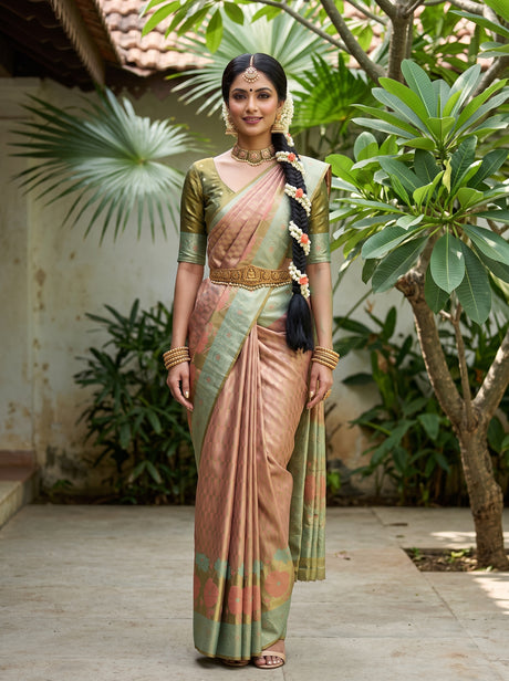 MIMOSA Peach Kanjivaram Art Silk Saree — AI Model lifestyle pose