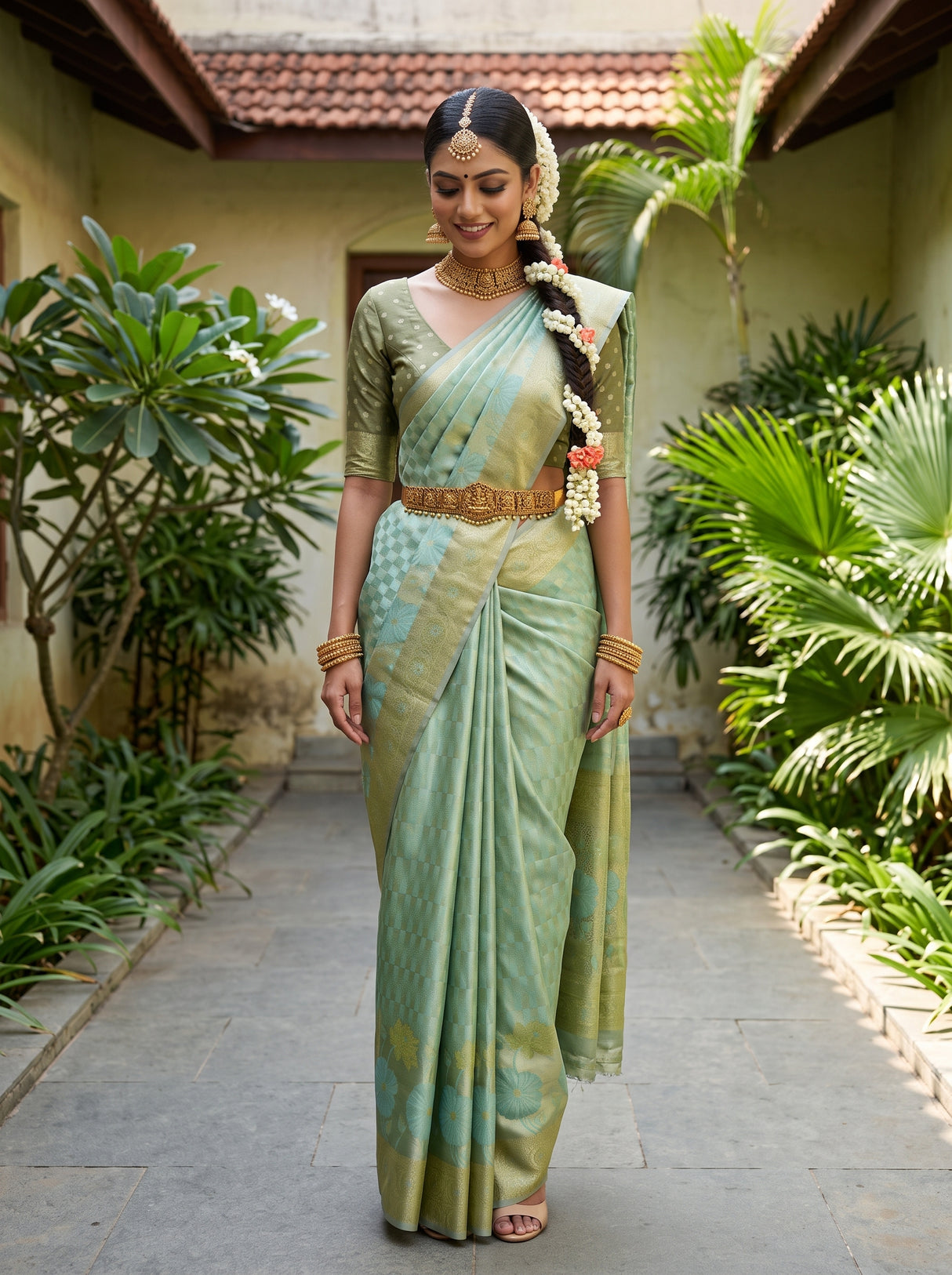 MIMOSA Rama Kanjivaram Art Silk Saree — AI Model lifestyle pose