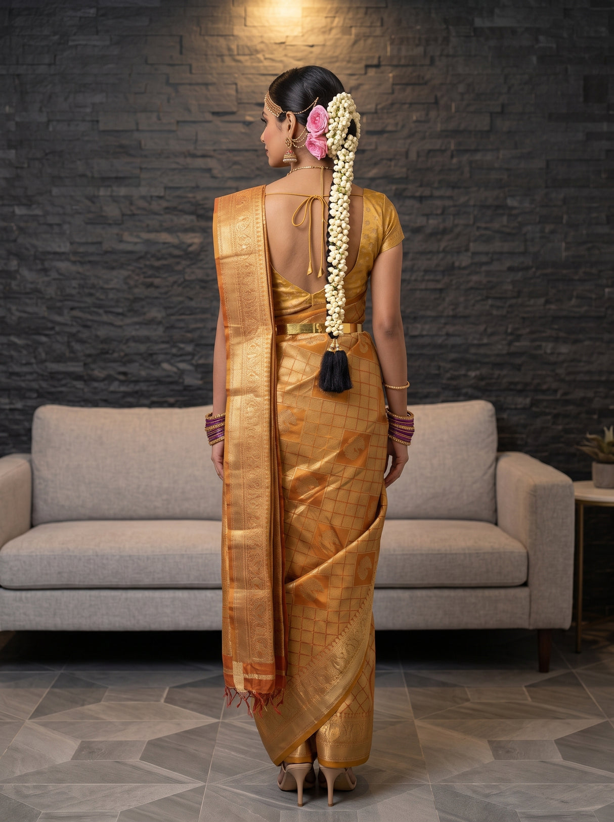 MIMOSA Orange Kanjivaram Art Silk Saree — pose 2 styling detail