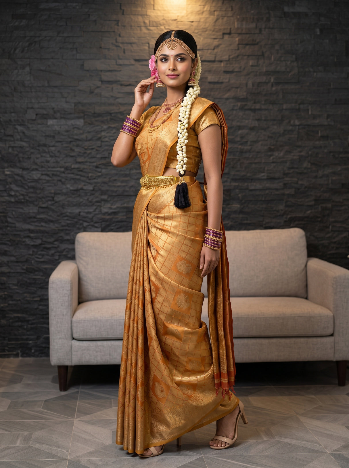 MIMOSA Orange Kanjivaram Art Silk Saree — pose 3 styling detail