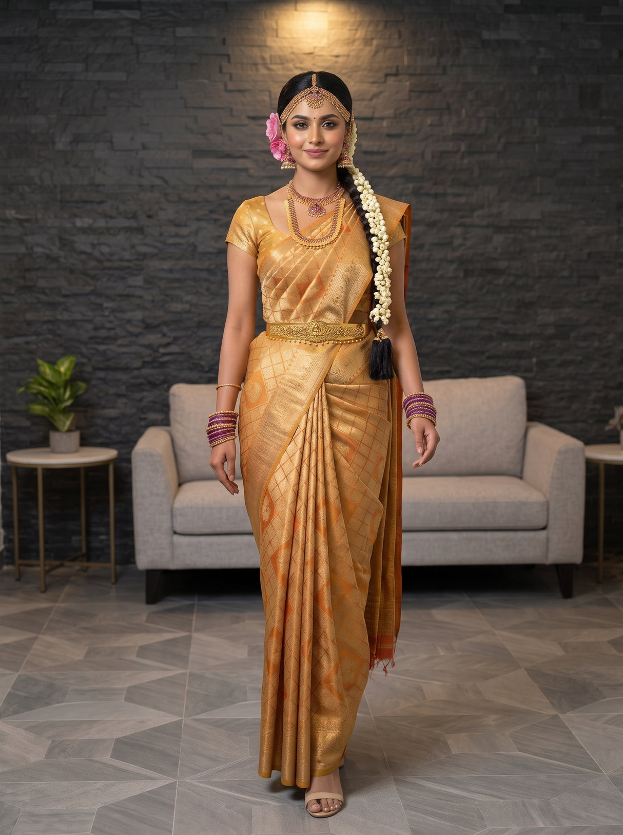 MIMOSA Orange Kanjivaram Art Silk Saree — pose 6 styling detail