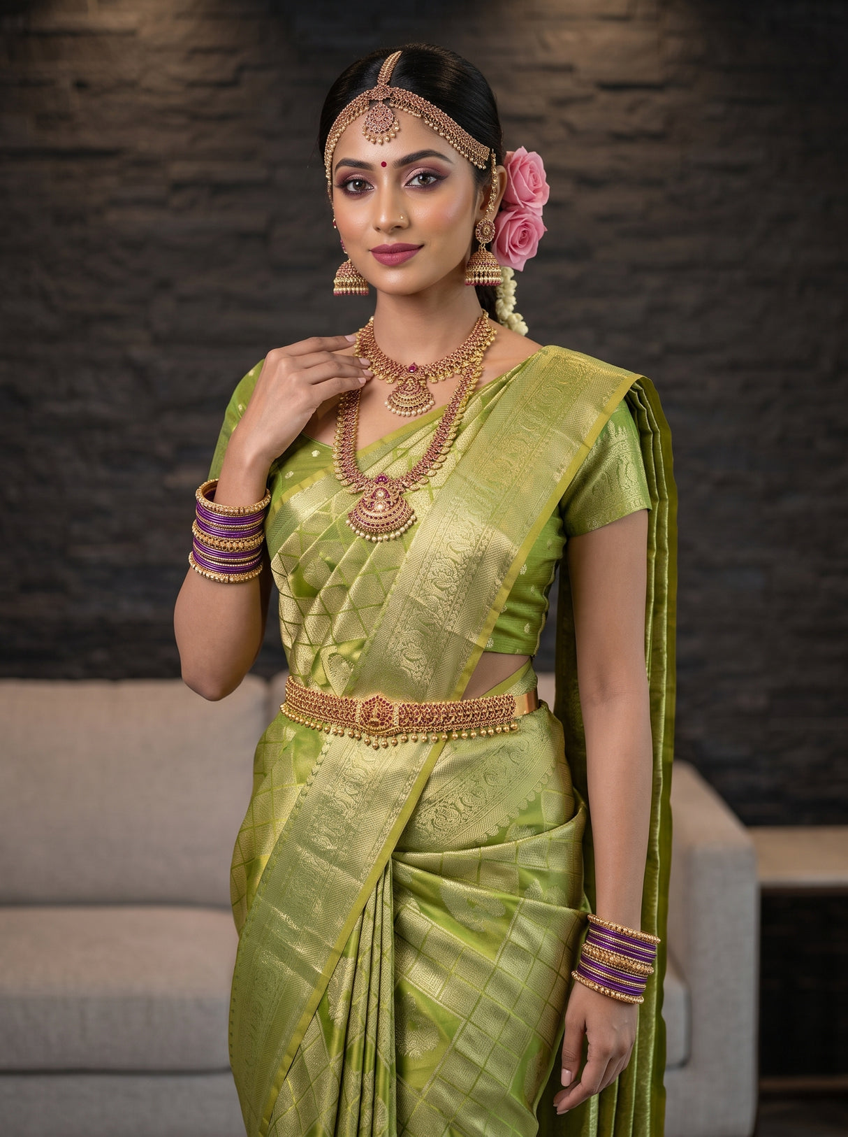 MIMOSA Parrot Green Kanjivaram Art Silk Saree — pose 10 styling detail